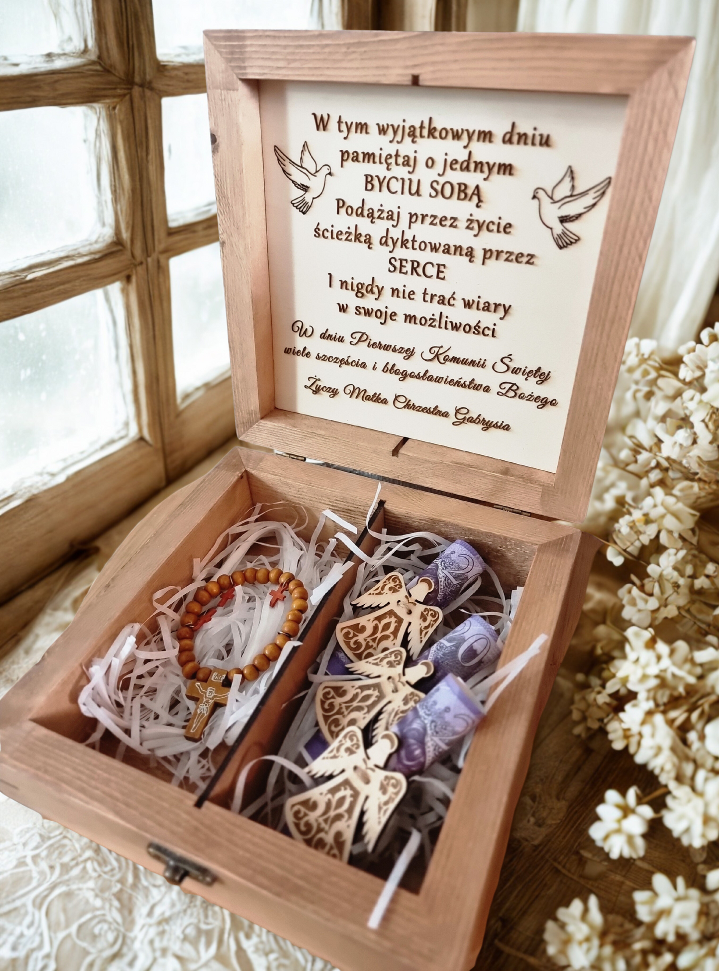 Large Personalised First Holy Communion Wooden Box | Handmade Keepsake with Divider | Custom Engraved Religious Gift