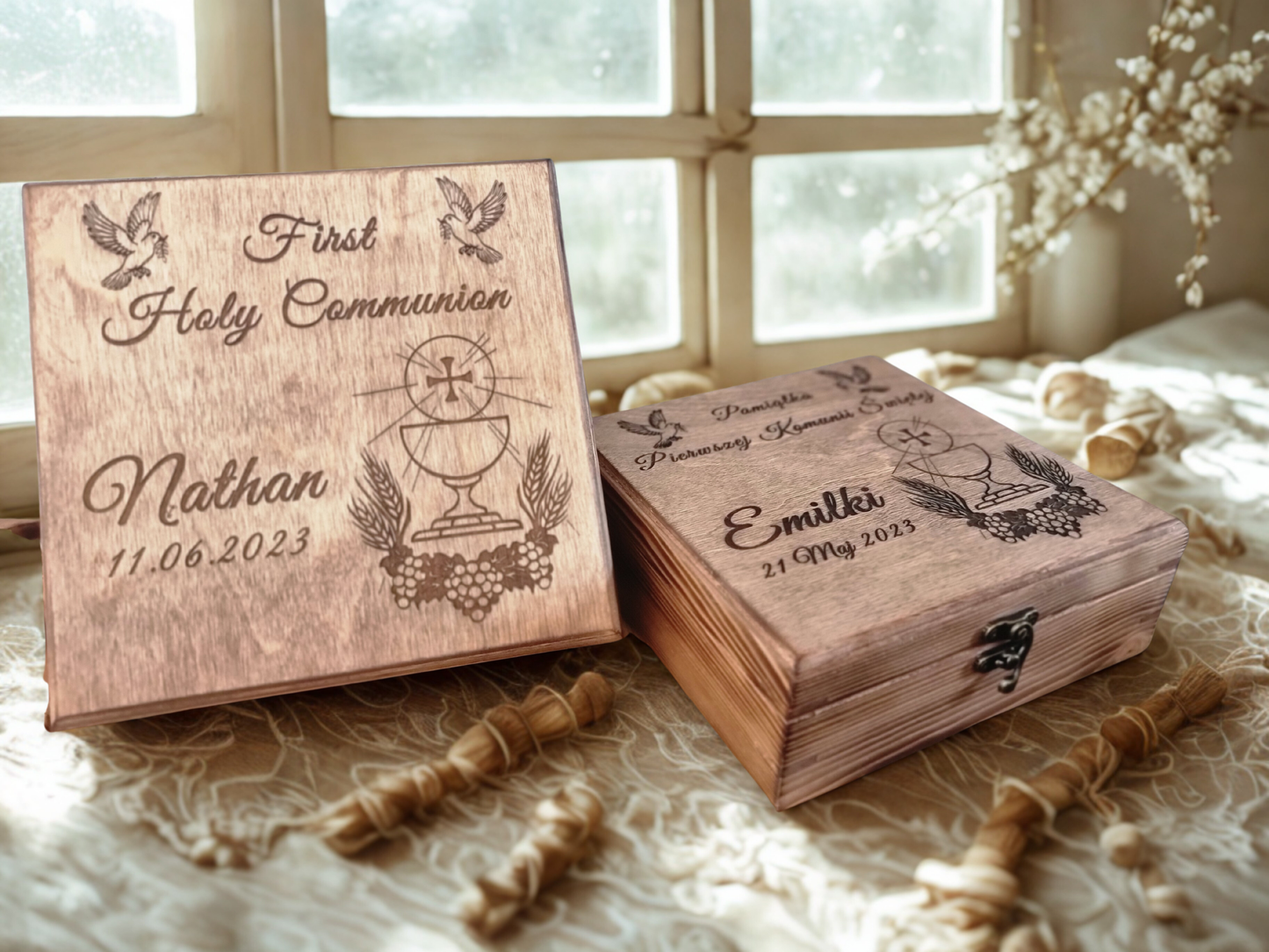 Large Personalised First Holy Communion Wooden Box | Handmade Keepsake with Divider | Custom Engraved Religious Gift