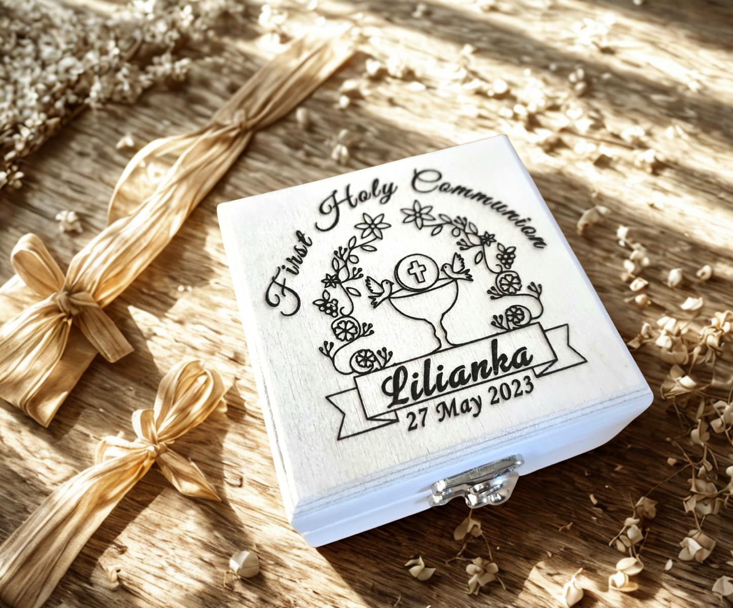 Personalised First Holy Communion Wooden Keepsake Box | Handmade Pine Box for Watch, Jewellery or Special Mementos