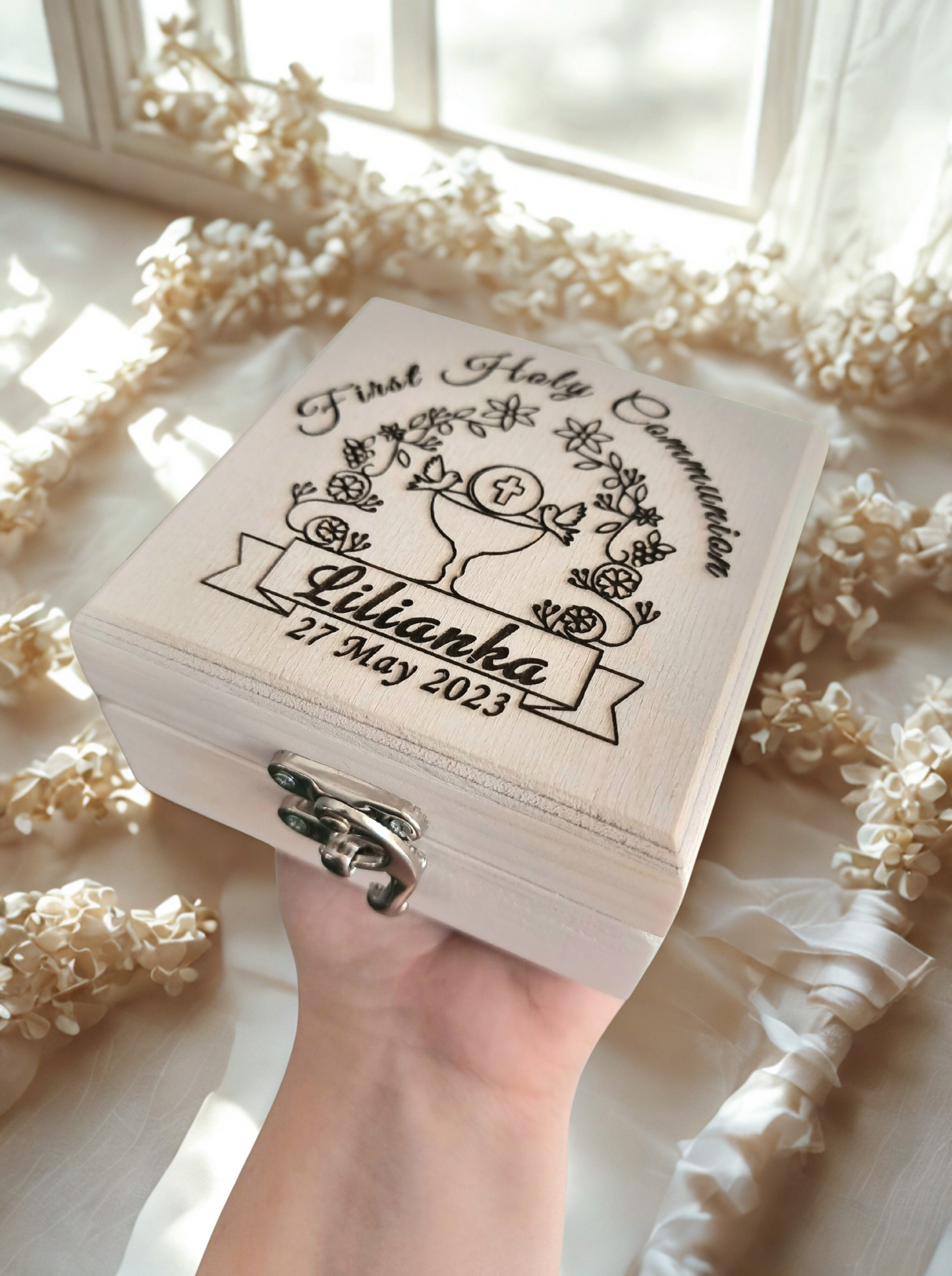 Personalised First Holy Communion Wooden Keepsake Box | Handmade Pine Box for Watch, Jewellery or Special Mementos