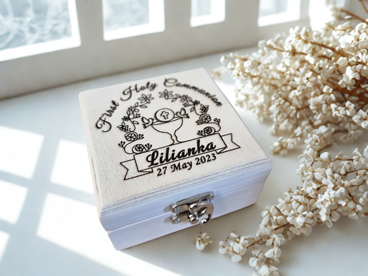 Personalised First Holy Communion Wooden Keepsake Box | Handmade Pine Box for Watch, Jewellery or Special Mementos